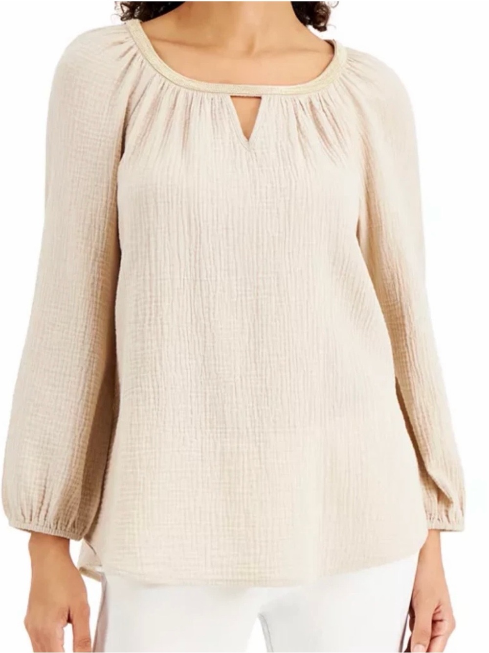 JM Collection Cream Textured Long-Sleeve Peasant Blouse